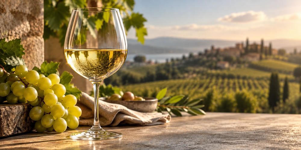 Ta�a de vinho branco em ambiente de vinhedo