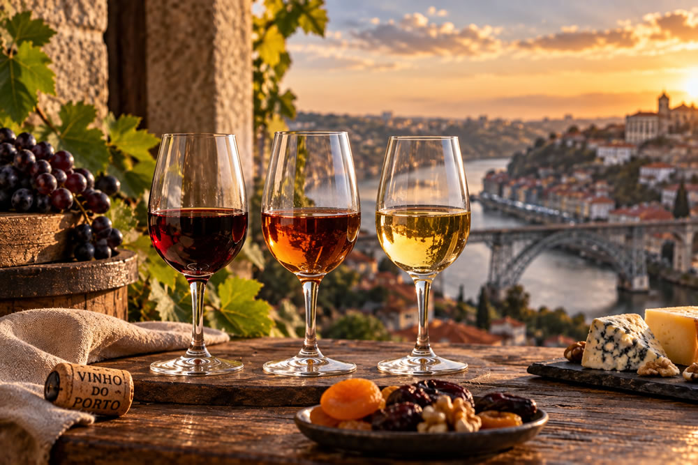 Vinho do Porto em composi��o editorial diante da paisagem do Douro