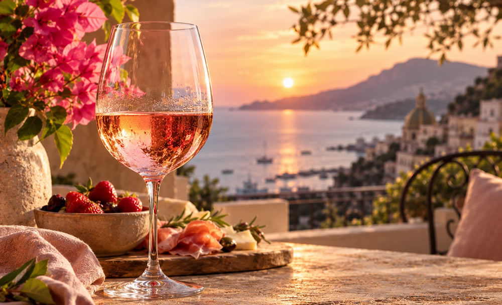 Vinho ros� em ta�a diante de uma paisagem mediterr�nea