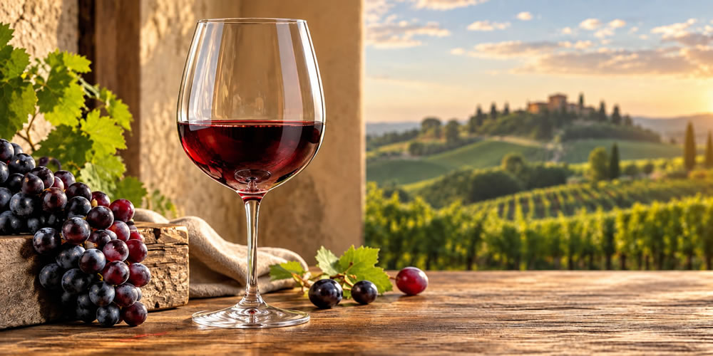 Ta�a de vinho tinto em ambiente de vinhedo